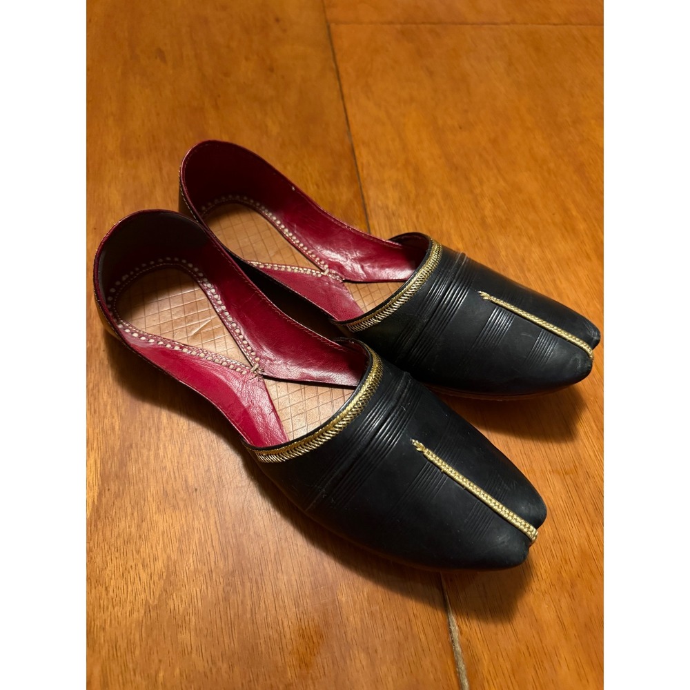 Mens Mojari Jutti Traditional Ethnic Loafers Black Gold Red Leather Size 9